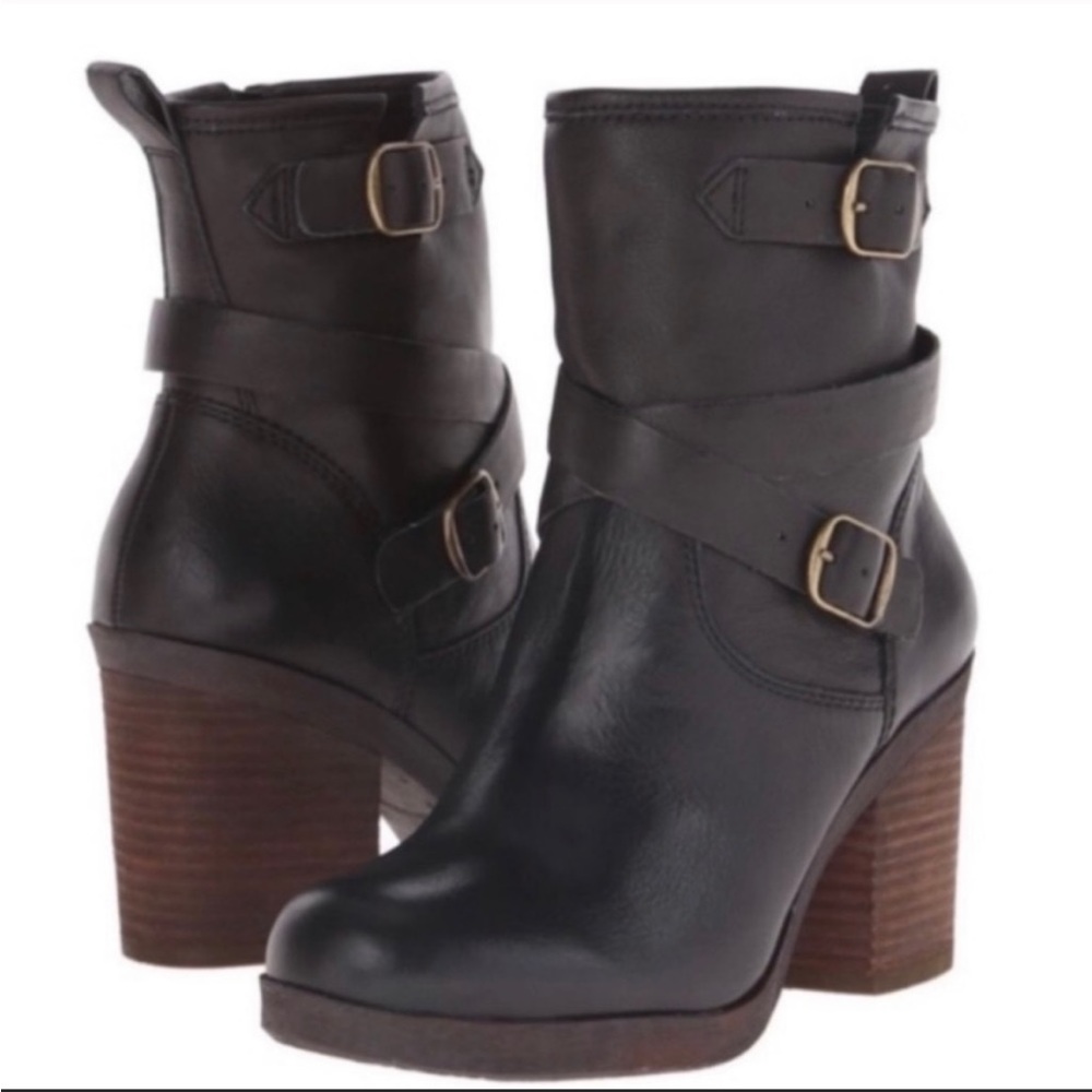 Lucky Brand Orenzo black leather buckle strap chunky Heel Moto boots size 8.5